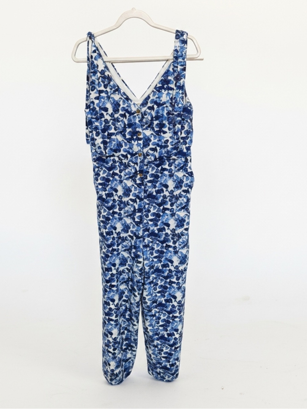 Sweewe Blue Floral Tie Strap Jumpsuit M French Button Front V-Neck Resort EUC